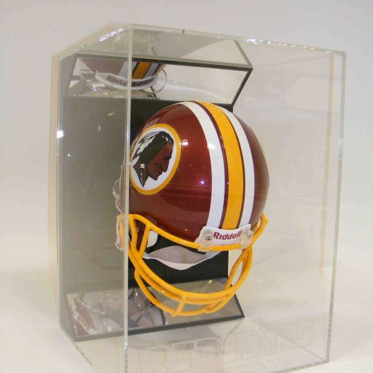 Riddell mini American football helmet displayed inside a clear acrylic case on a black base